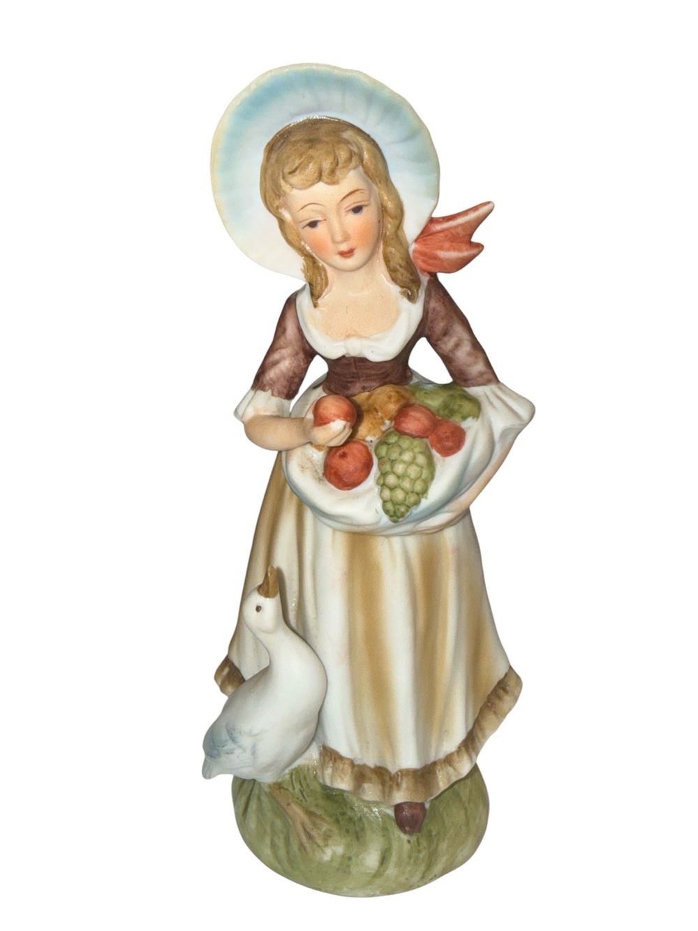 Vintage Lefton Lady With Goose Figurine 6988 Japan Hand Painted Harvest Fruit
